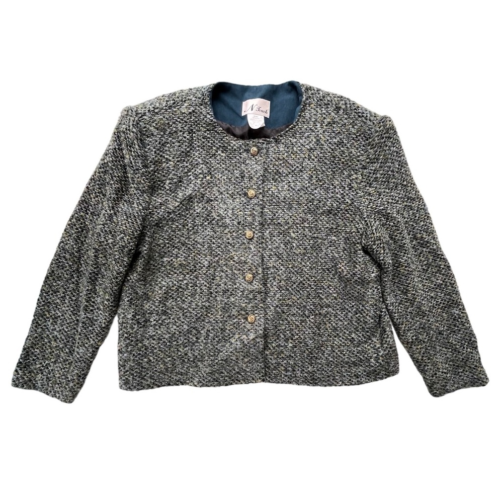 N Touch Women’s Size 16 Teal Blue Green Acrylic Tweed Lined Button Blazer Jacket